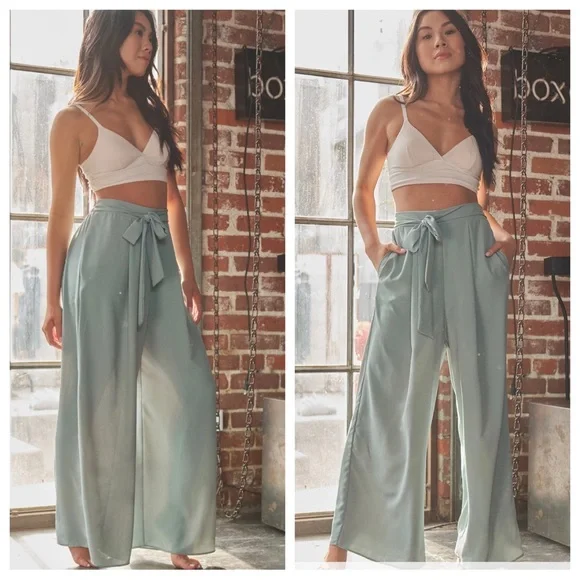 07 Wide Leg Pleated Pants with Self Tie and Pockets - Picture 1 of 2